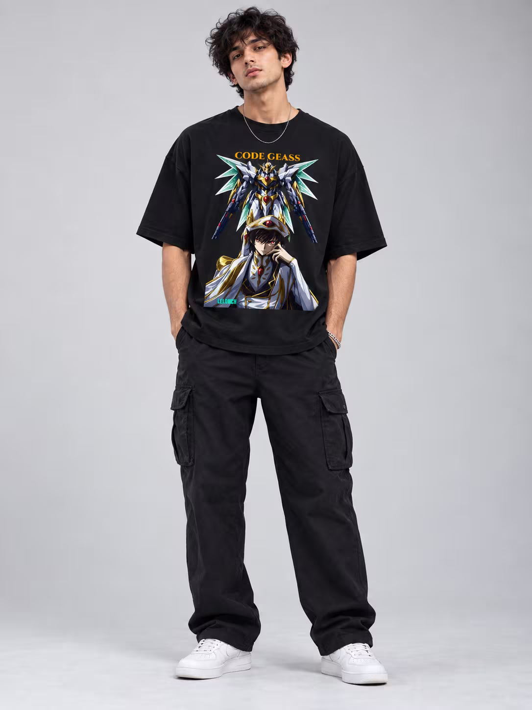 Lelouch Code Geass Unisex Oversized T-Shirt in Black, worn by a model
