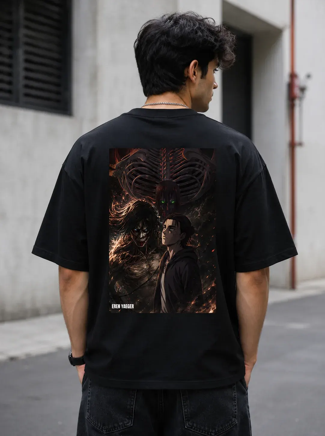Eren Yeager oversized tee in black, back print